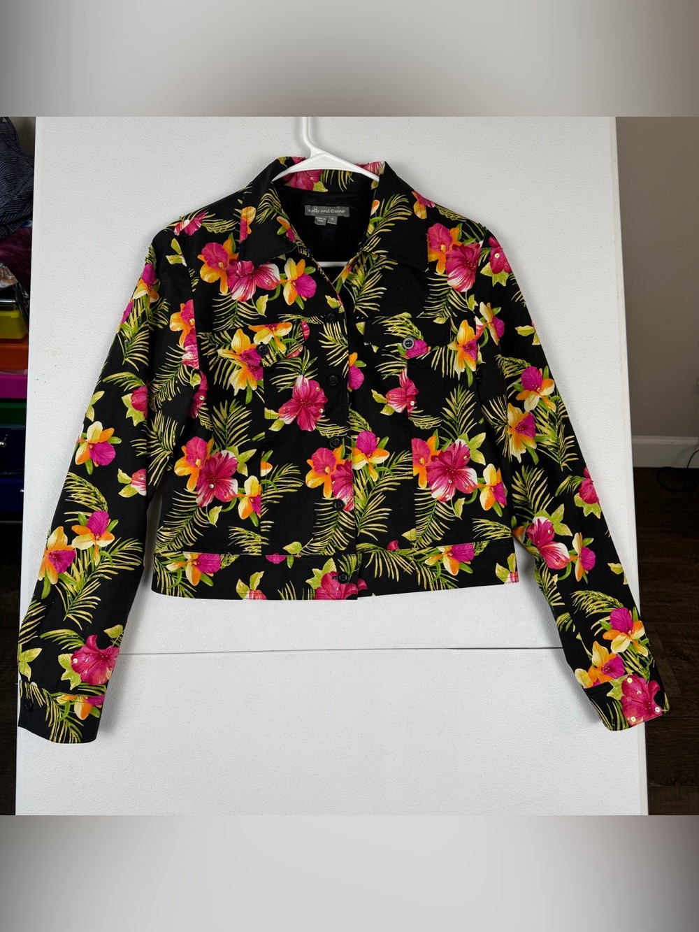 Kelly and Diane Tropical Print Beaded Jacket Blazer Womens 6 Black Pink Green‎
